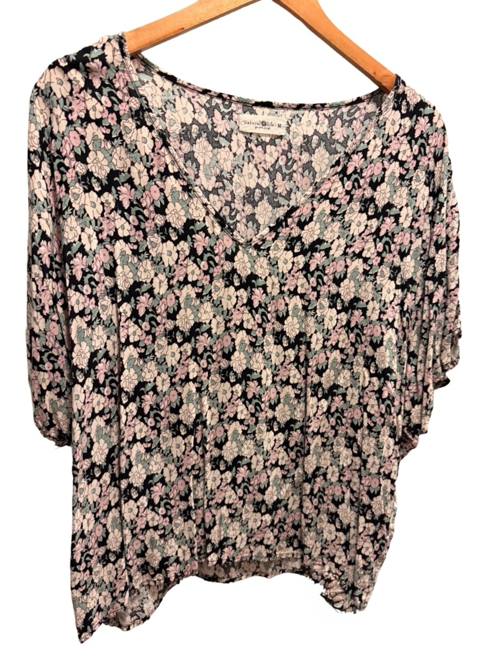 Natural Life Easy V-Neck Top | Black Pink Floral Boho Dolman Blouse M - Picture 2 of 8